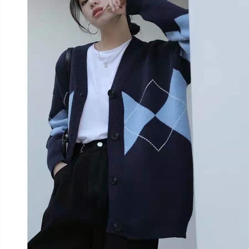 Korean Version Knitted Cardigan Women Sweater Loose V-neck Diamond Print Casual Simple Coats Autumn Winter Female College Style Long Sleeve Clothing