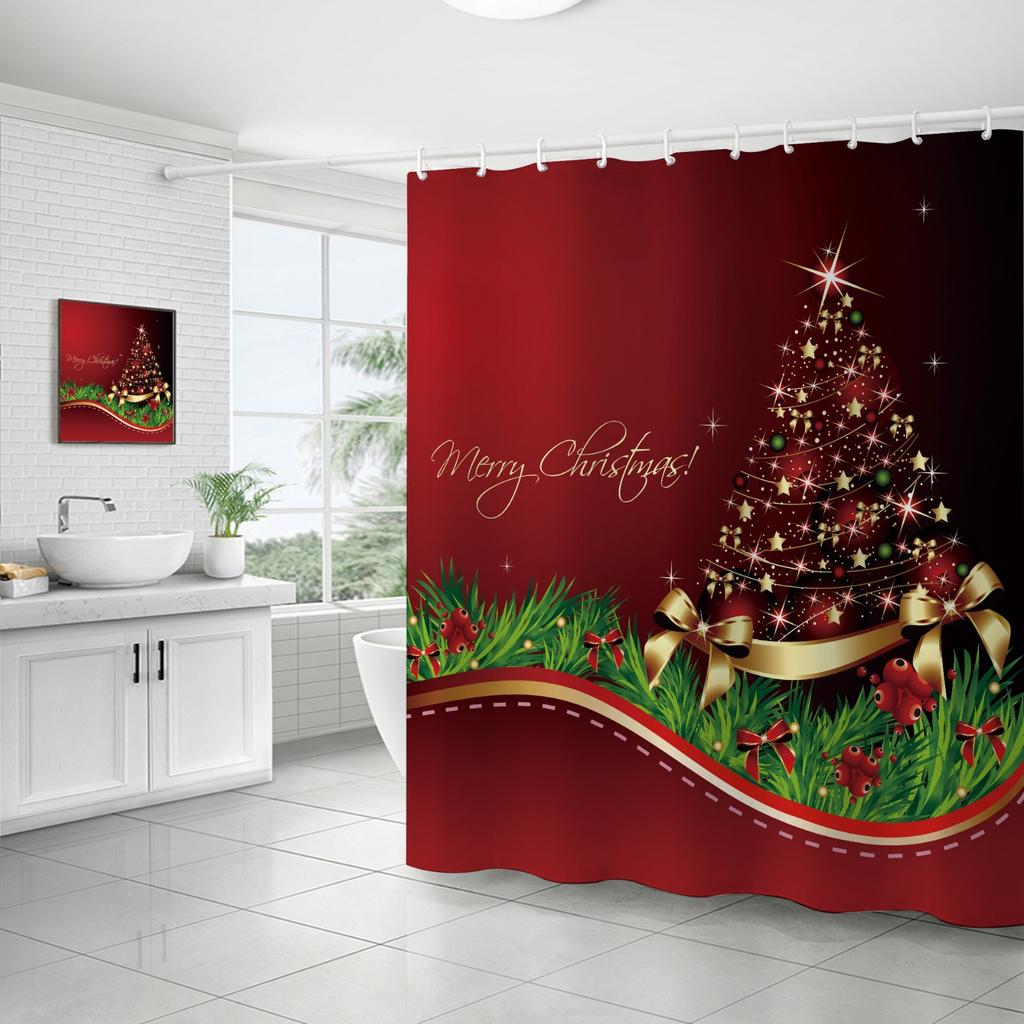 Best-Selling Christmas Digital Print Shower Curtain Waterproof, Includes Plastic C-Shaped Hooks