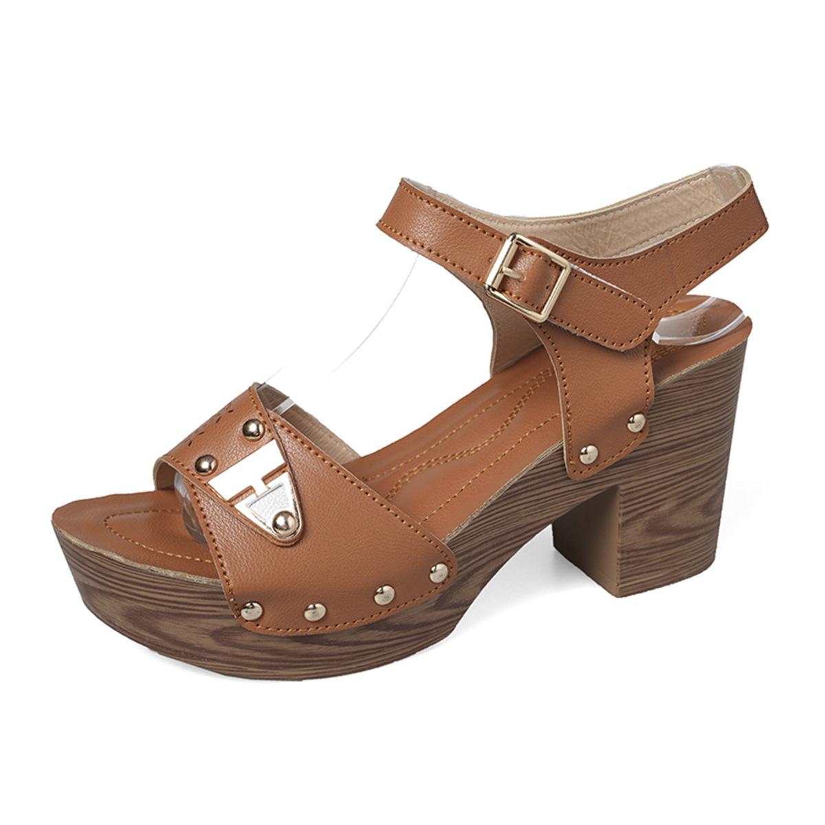 

Foreign trade large size square heel wood grain word metal buckle sandals summer European and American style rivets beach women 40 хакі