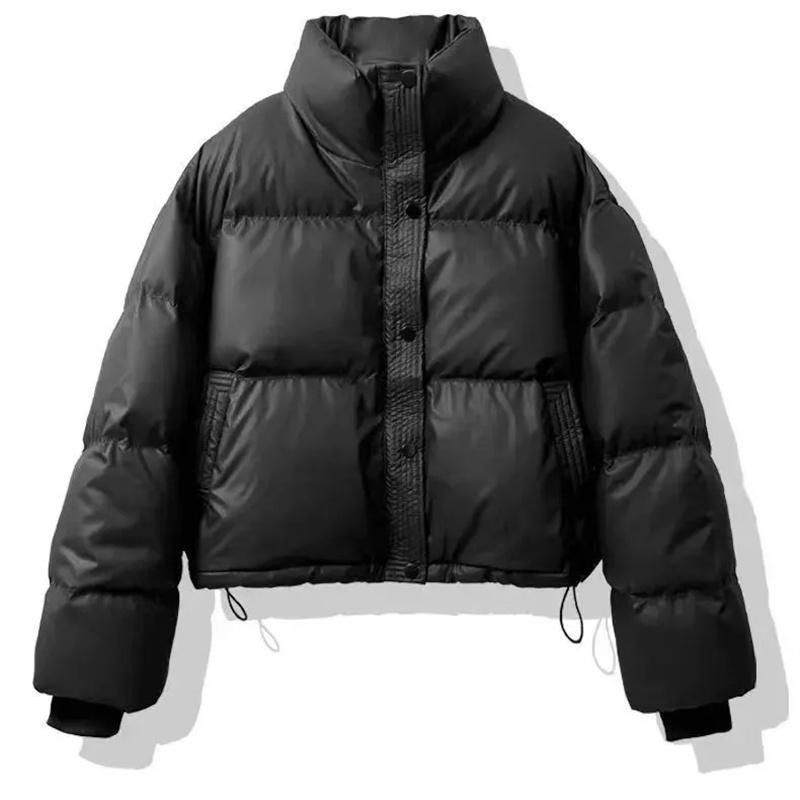 Women Stand Up Collar Short Winter Petite Fashion Bread Warm Thickened PU Leather Down Cotton Jacket for Women