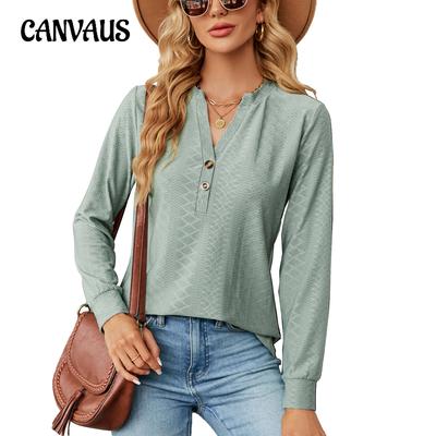 Damenbluse für Frühling und Herbst, einfarbig, V-Ausschnitt, Knopf, Jacquard, locker, langärmelig