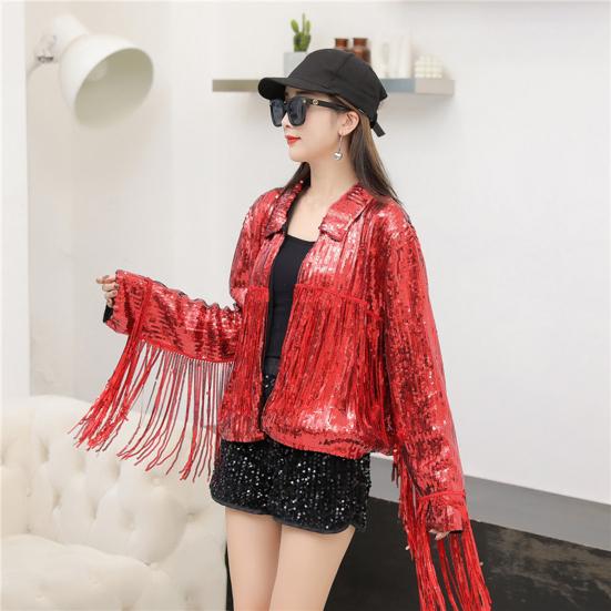 Lapel Long Sleeve Open Stitch Short Type Women Coat Shiny Sequins Tassel Stage