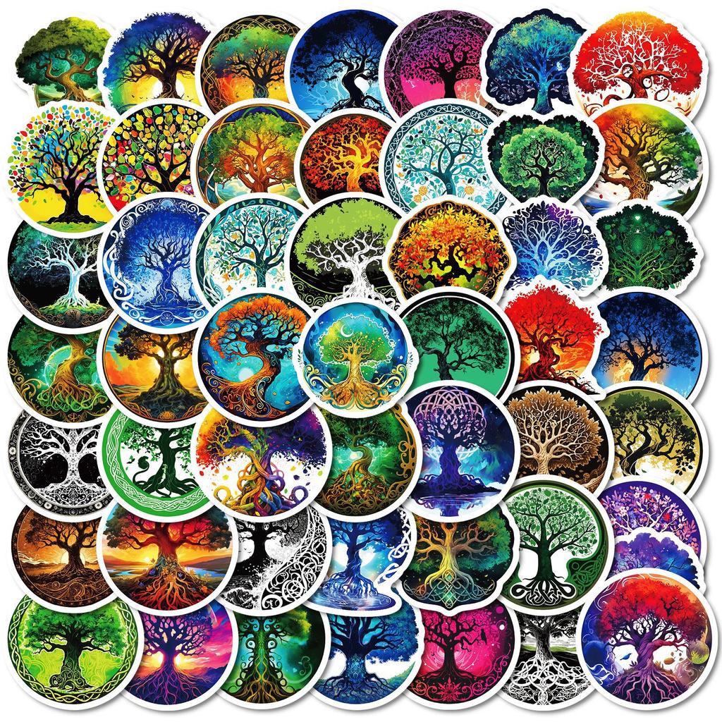50 Sheets Of Tree Of Life Hand Account Literary Stickers Creative Totem Pattern Retro Mobile Phone Case Water Cup Computer Decorative Stickers