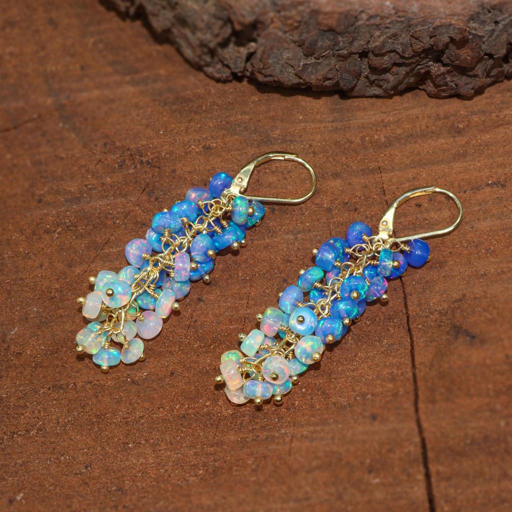 Multifire Blue Opal Cluster Earring, Fire Opal Beads Dangle Earring, Natural Opal Beaded Earring, Birthstone Jewelry for Women, Gift for Her