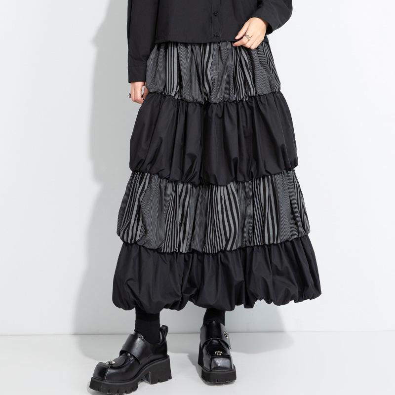 

2025 New Patchwork High Waist Midi Skirt - Women s Puff Lantern Style for Spring & Autumn L (120-150 jin)