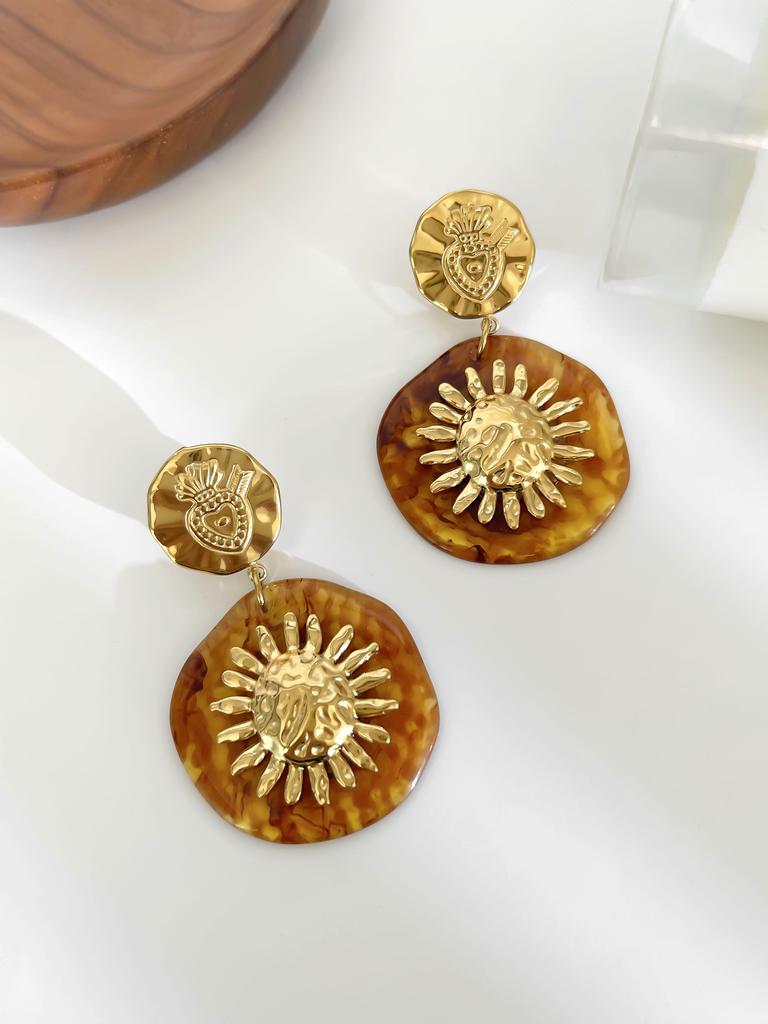 GHIDBK Vintage Trendy Amber Resin Golden Sun Round Drop Earrings for Women Unique Stainless Steel Party Daily Zircon Waterproof