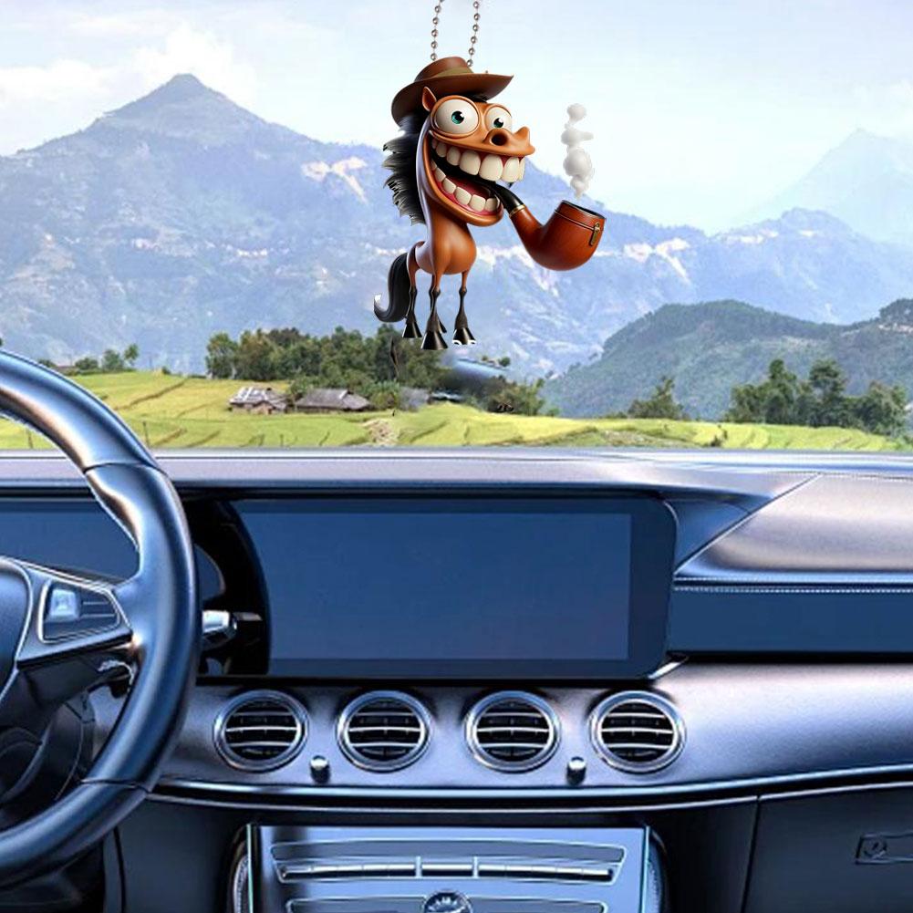 2D Funny Big Mouth Horse RearView Mirror Pendant Auto Interior Car Realistic Animal Hanging Ornament Car Interior Accessories