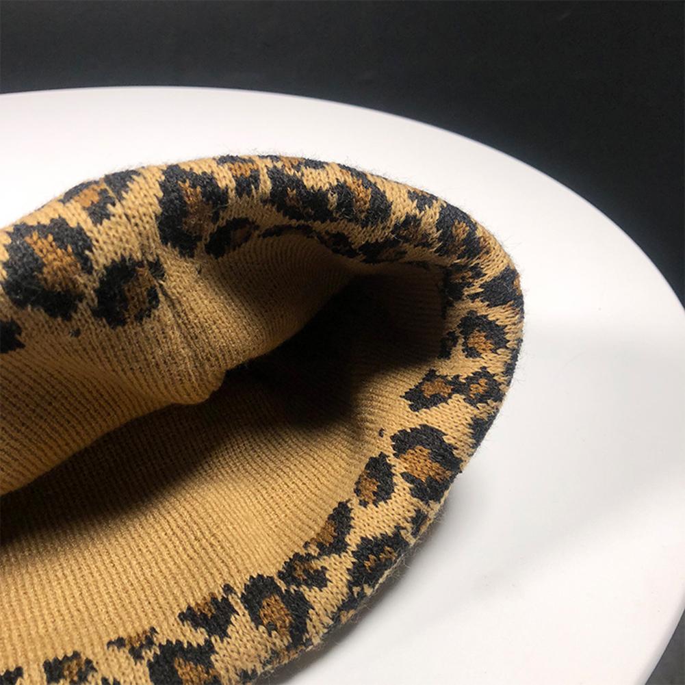 Women Leopard Print Woolen Knitted Cap Retro Autumn Winter Warm Cap Hat