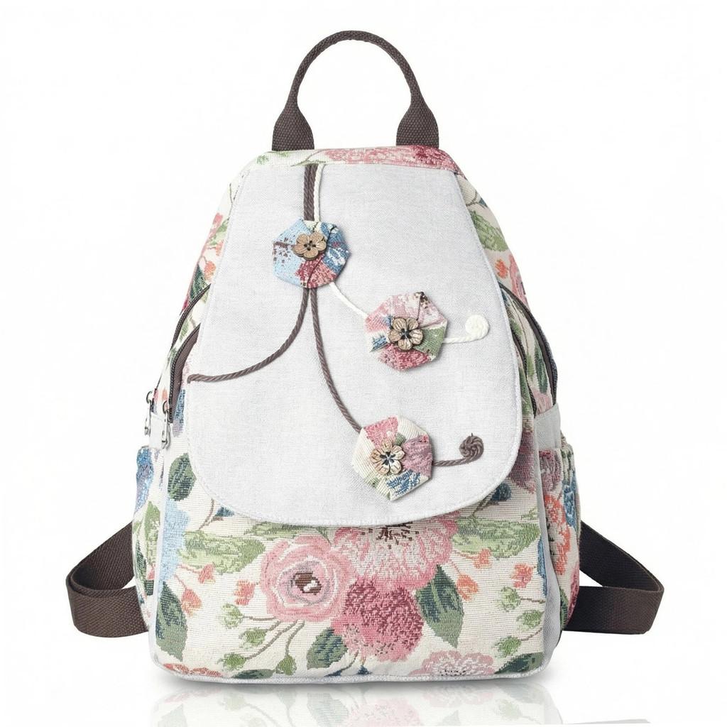 Ethnic Embroidered Canvas Backpack For Women With Floral Design And 15in Laptop Storage For Casual Travel And School