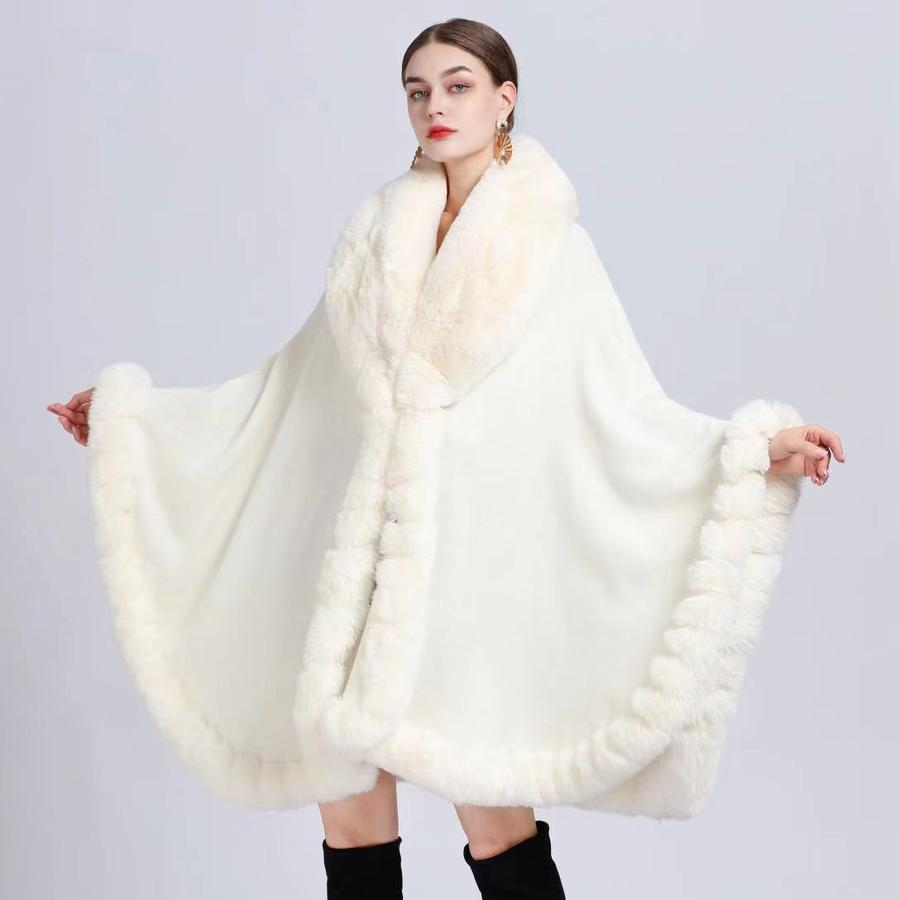 Herbst Winter Kunstkaninchenfell Kragen Schal Poncho Locker Gestrickter Cardigan Übermantel für Damen