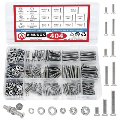 404 pièces Vis fraisées avec nez Jeu de vis M3 M4 M5 Vis et écrous rondelles Acier inoxydable 304 Fraisée cruciforme Scr