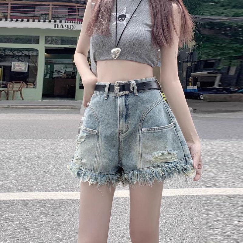 Women's High-Waist Frayed Denim Shorts - Spicy Style, Plus Size, A-Line Fit