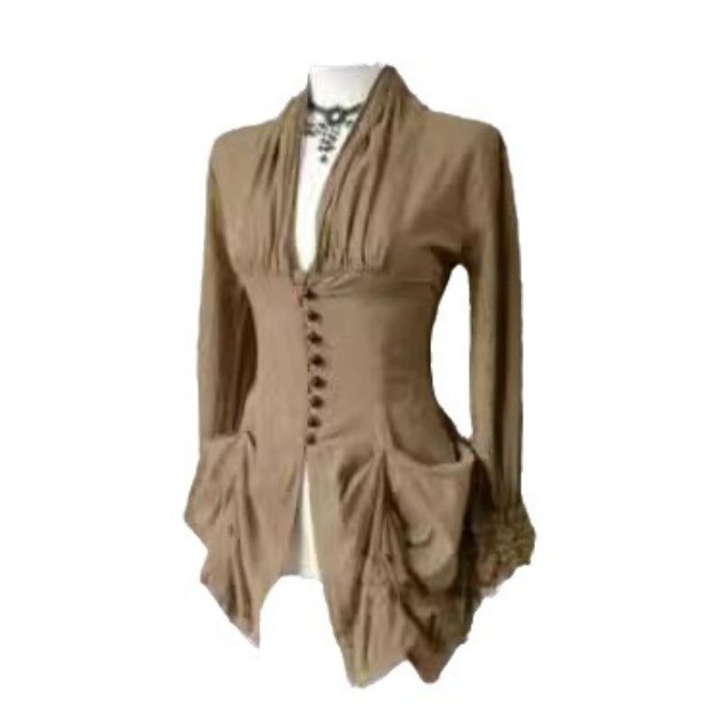 Summer Women's Solid Colour Temperament V-Neck Buttoned Long Sleeve T-Shirt