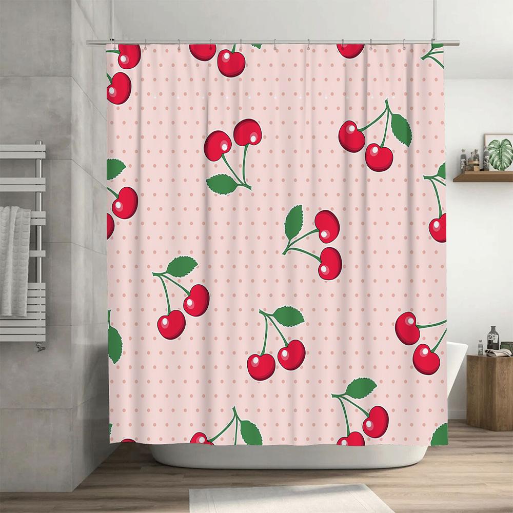 Pink Cherry Print Shower Curtain Decorative Polyester Bath Liner for Bathroom Accessories in Home Kitchen Pink (180x200cm)