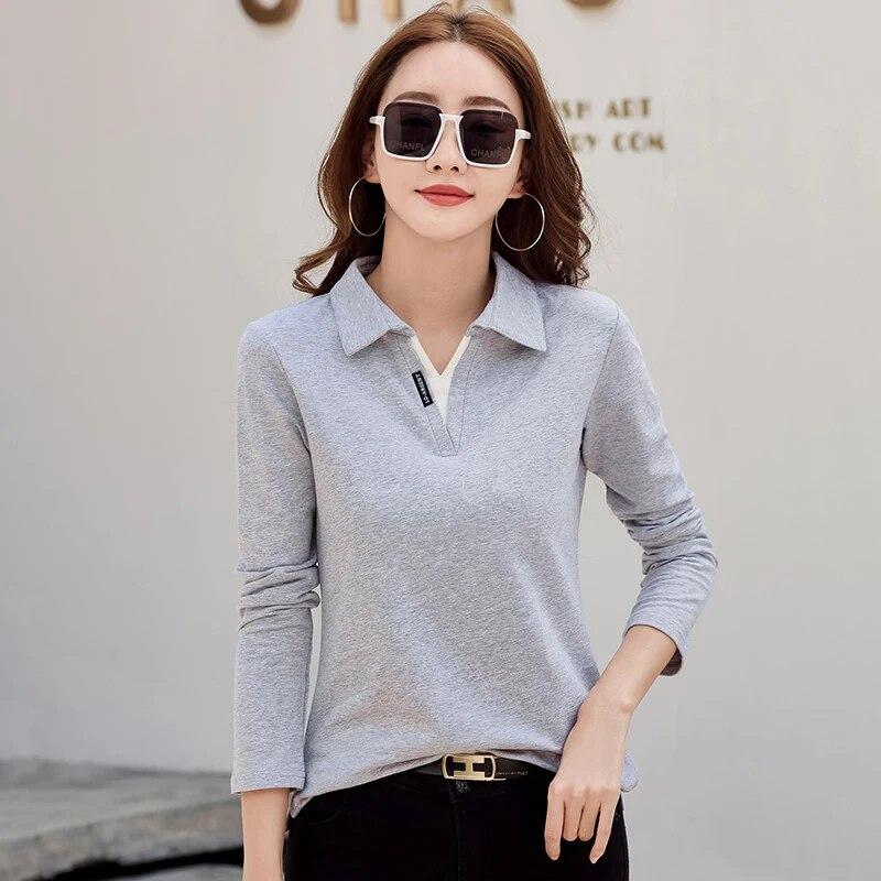Herbst Damen Rollkragen Baumwolle Einfarbig Langarm T-Shirt Patchwork Damen Poloshirts für Damen