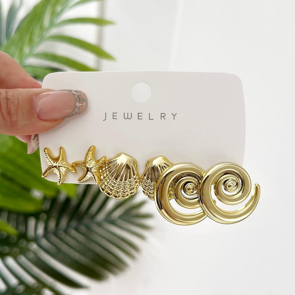 CCB Shell Starfish Stud Earrings Set For Women Men Conch Spiral Waterdrop Earrings Fashion Summer Beach Seaside Party Zircon