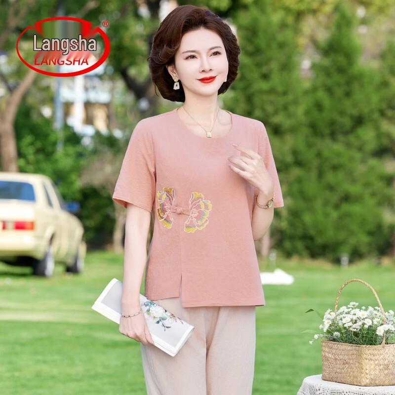 Langsha Women s Pure Cotton Embroidered Short Sleeve T-Shirt Top XL