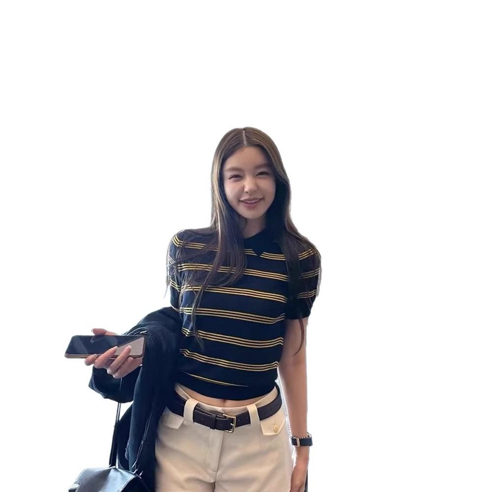 Top de Punto para Mujer con Cuello Polo de Bloques de Color Retro - Manga Corta Estilo Universitario