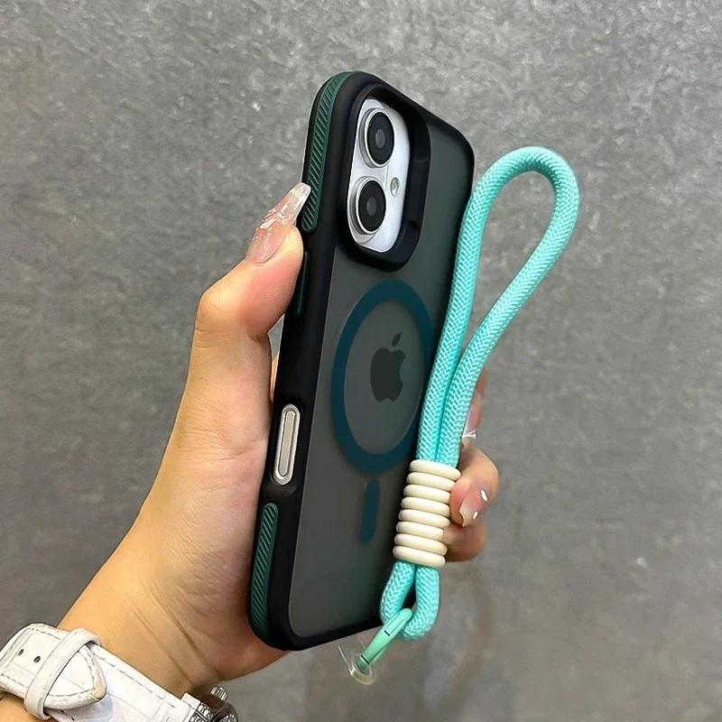Luksusowe etui na telefon z smyczą, MagSafe, matowe, do iPhone 16 15 14 13 12 11 Pro Max 16 15 14 Plus, magnetyczny zderzak, tylne osłony