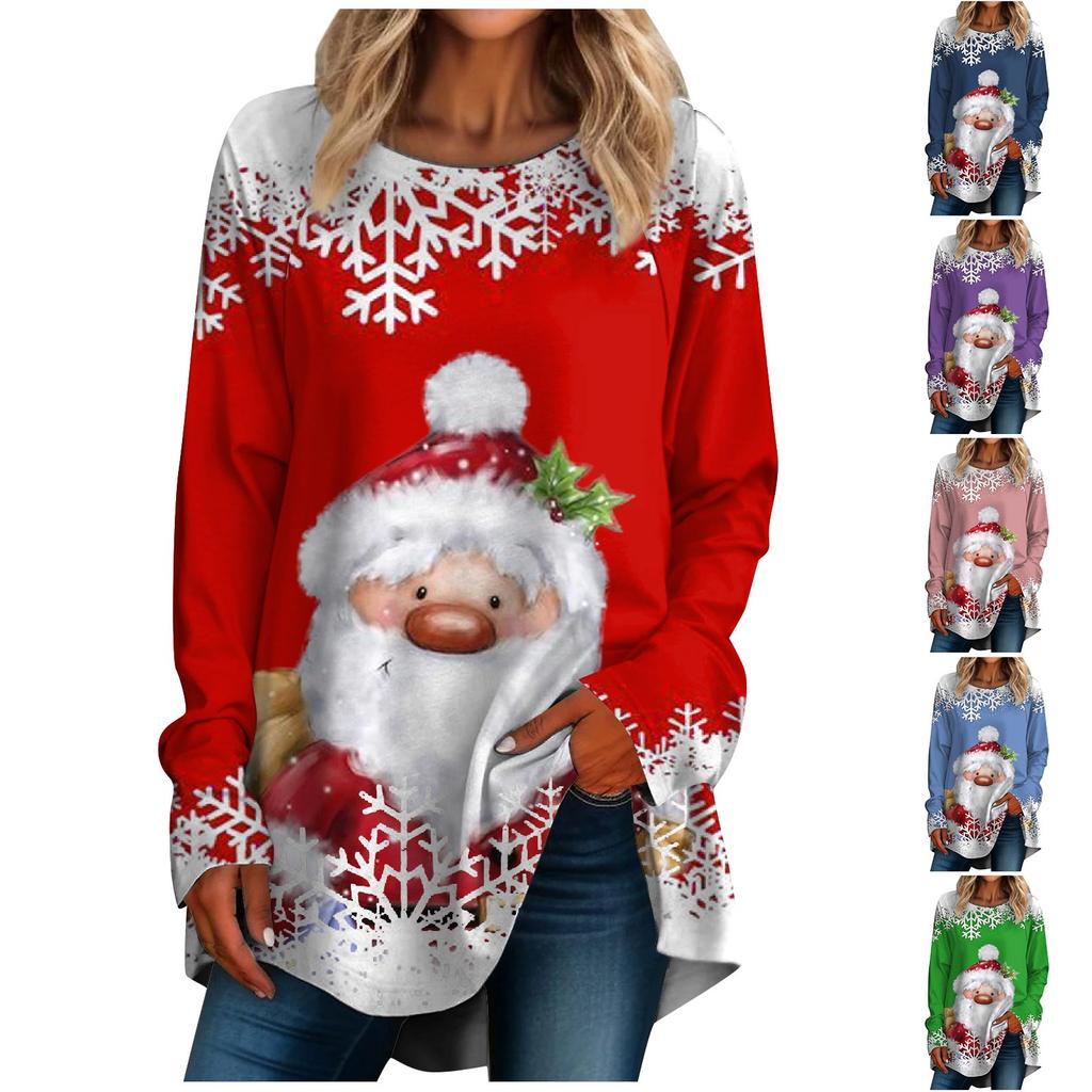 Women's Casual  Plus SizeLong Sleeved Round Neck Christmas Printing T-shirt Top Pullover