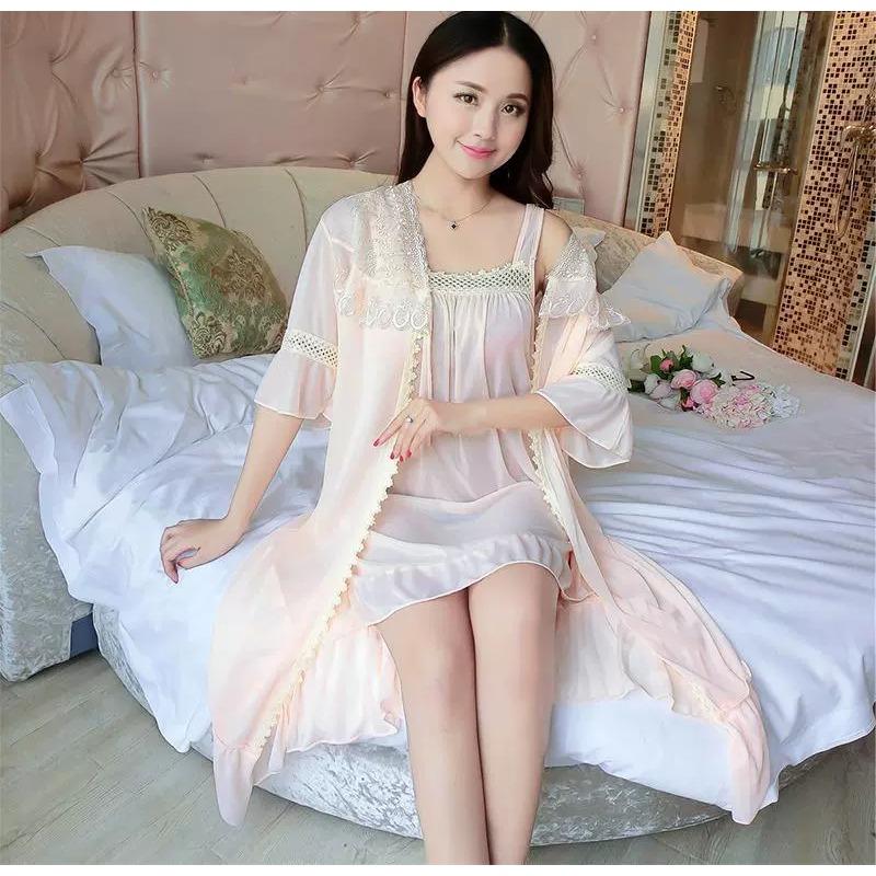 Summer Ladies Plus Size Ice Silk Two-piece Lace Homewear Sling Nightdress