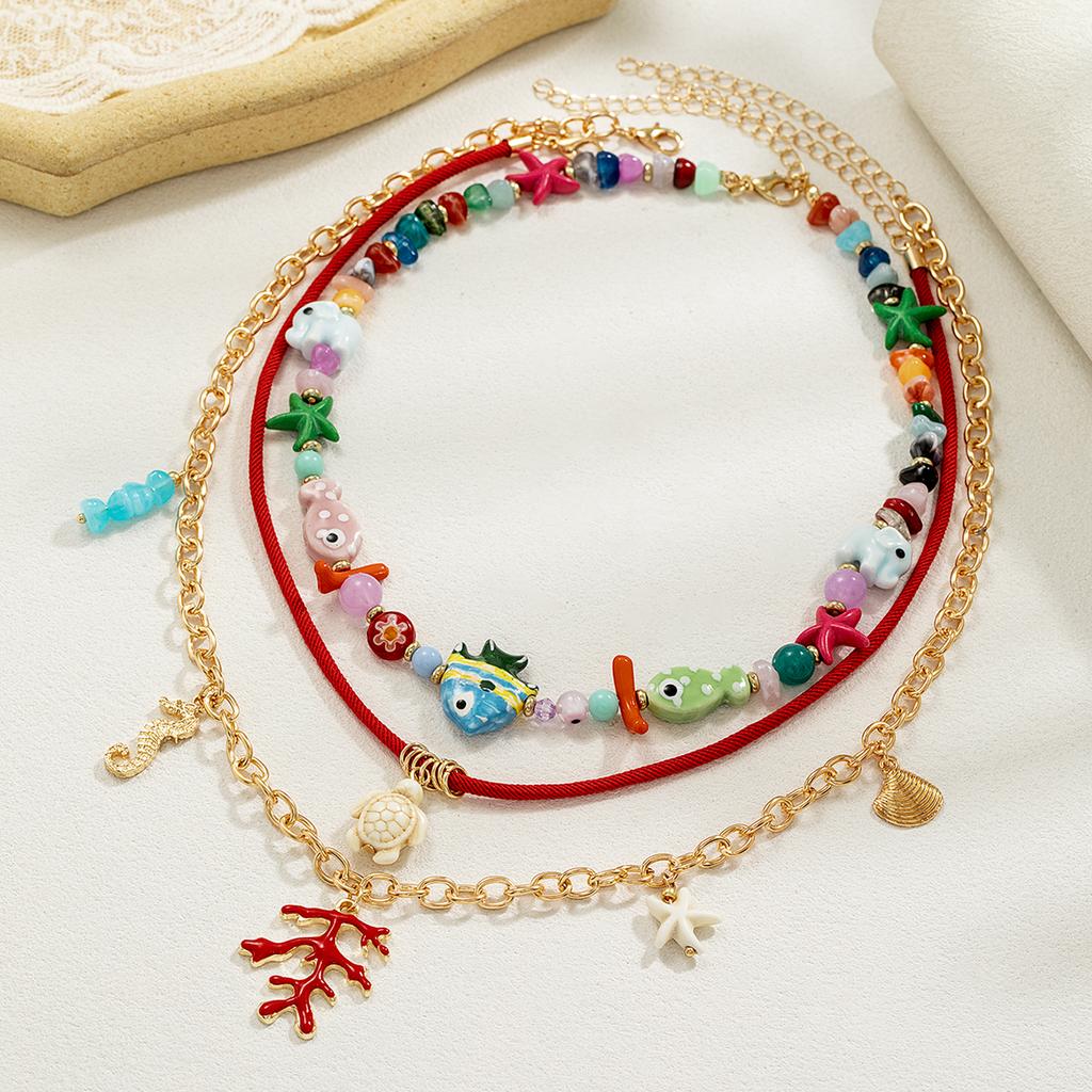 Beach Wind Ocean Elements Ceramic Small Fish Elephant Red Coral Sea Turtle Pendant Colorful Beaded Necklace