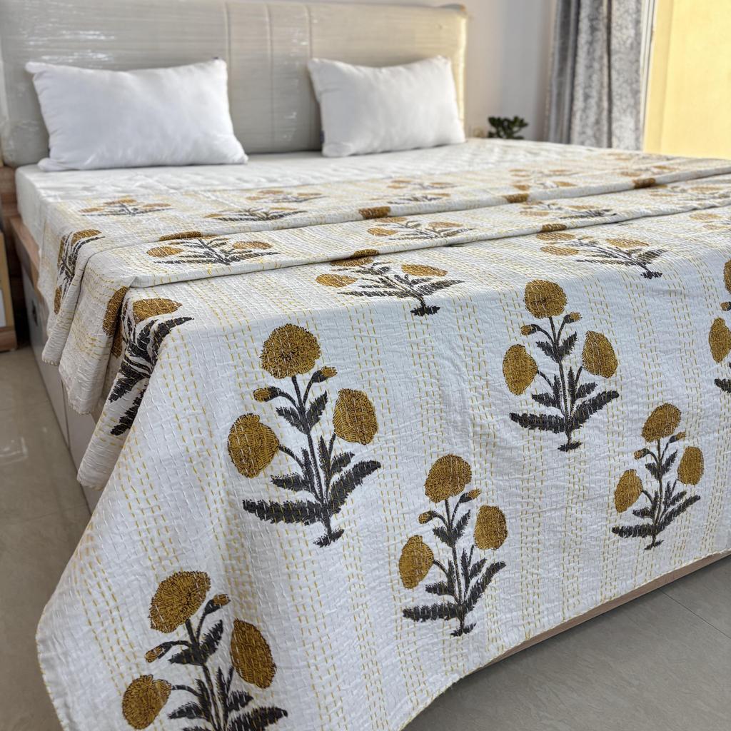 Hand Block Floral Printed Kantha Quilt, Cotton Kantha Bedspread, Vintage Bedding Bedsheets, Handmade kantha throw