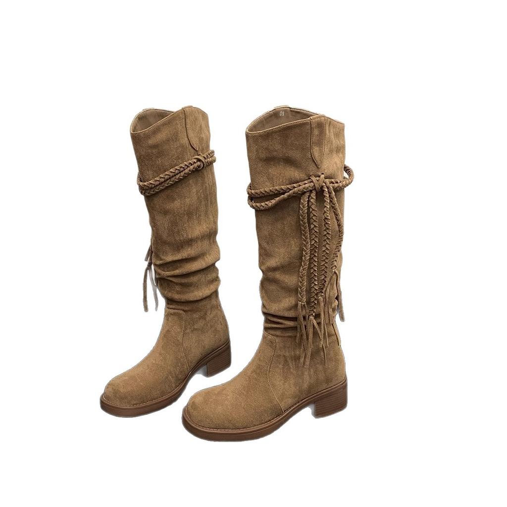 Retro round head wasteland wind fringed knight boots women's 2025 new thick heel but knee thin pile boots