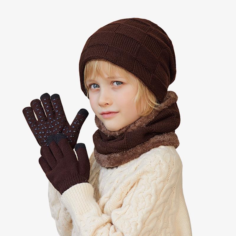 Children's Hat Gloves Scarf Winter Outdoors Fleece-lined Thermal Head Cover Knitted Woolen Cap