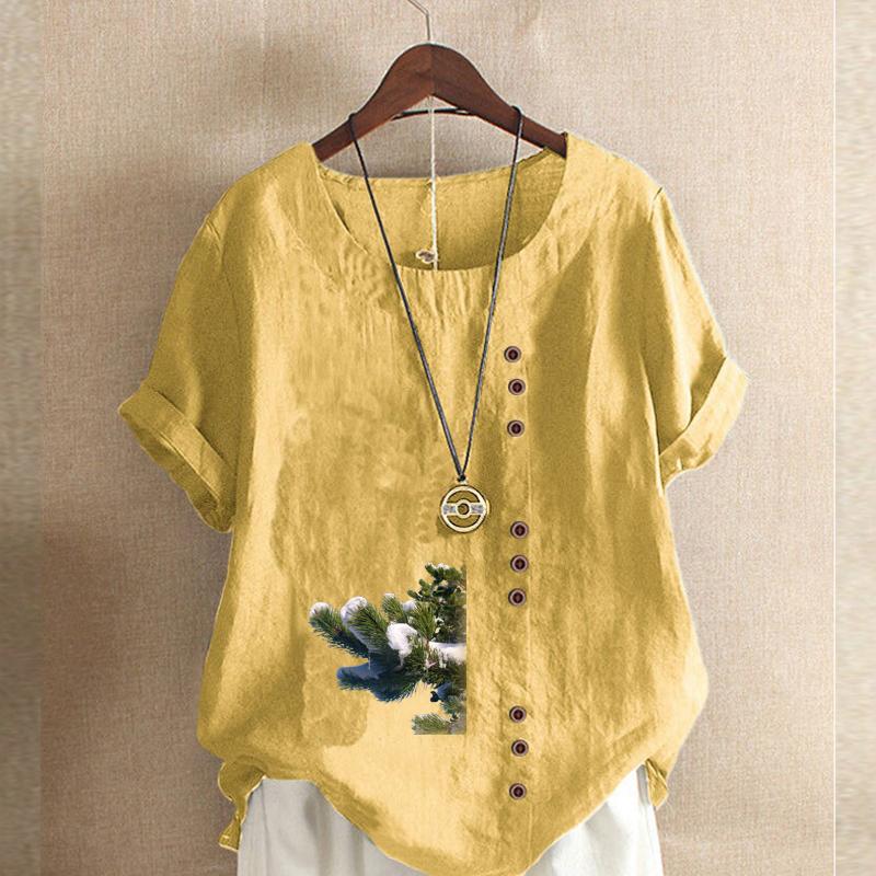 Women's Fashion Round Neck Short Sleeve T-shirt Casual Cotton Linen Graphic Shirt Leisure Loose Tree Prined Summer Blouse Tops