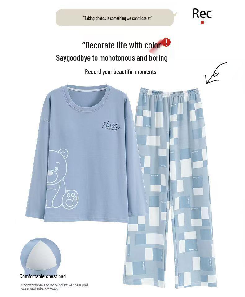 Damen Langarm Pyjama Set mit Brustpolstern - Übergröße, Freizeitkleidung für Zuhause oder Draußen