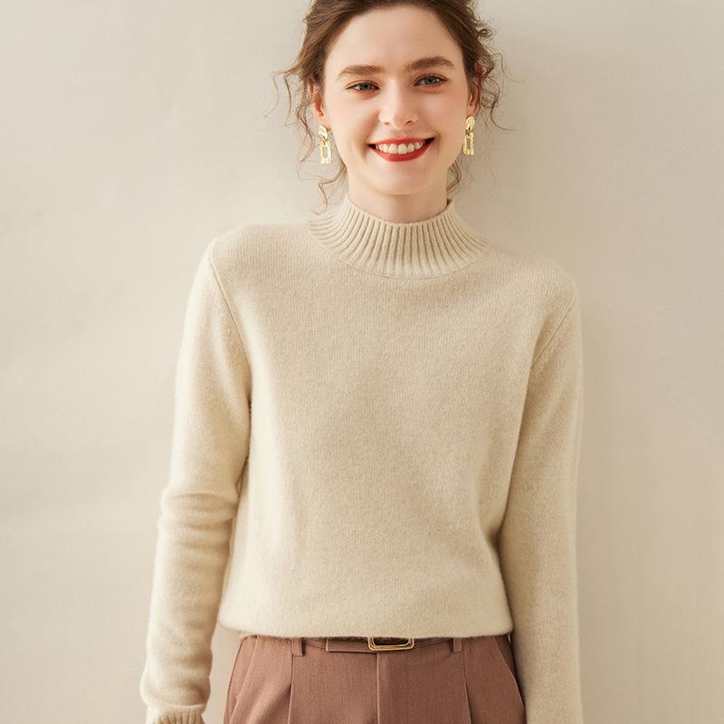 2024 Women's High Neck Cashmere Sweater: Thick, Loose, Solid Color Knit Pullover for Autumn/Winter