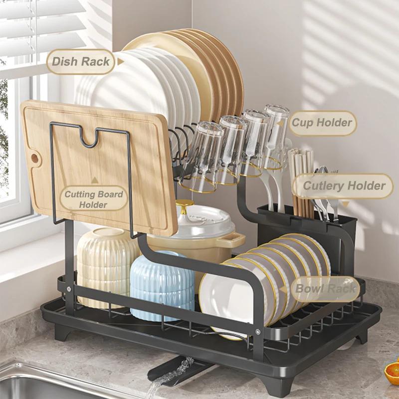

Over-the-sink 2-tier dish drying rack with drainboard and utensil holder, large-capacity auto-draining design, non-slip feet 2-tier