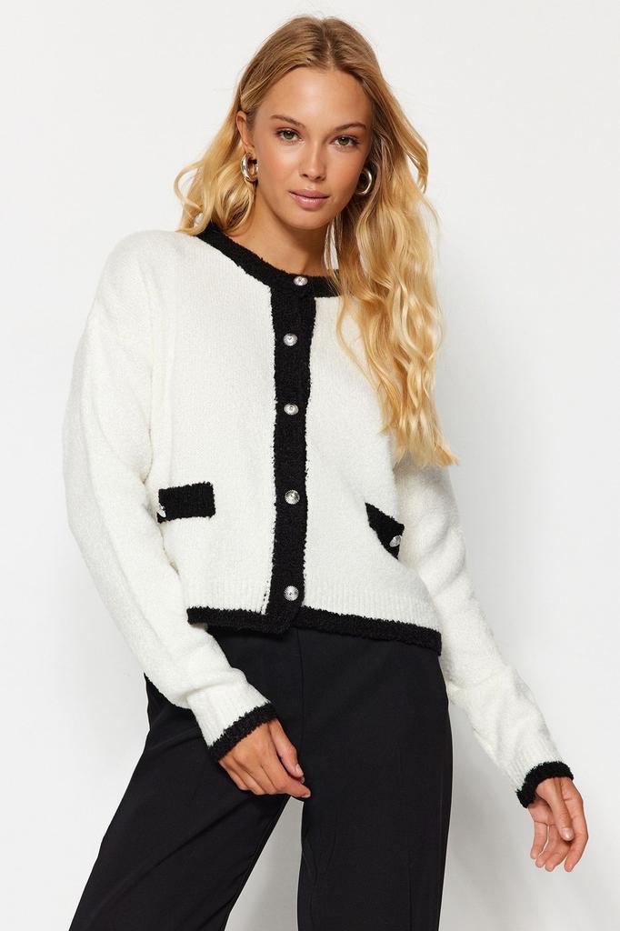 Women's Fashionable Stylish Cardigan Stone Boucle Thread Color Block Jacket Look Knitwear Cardigan