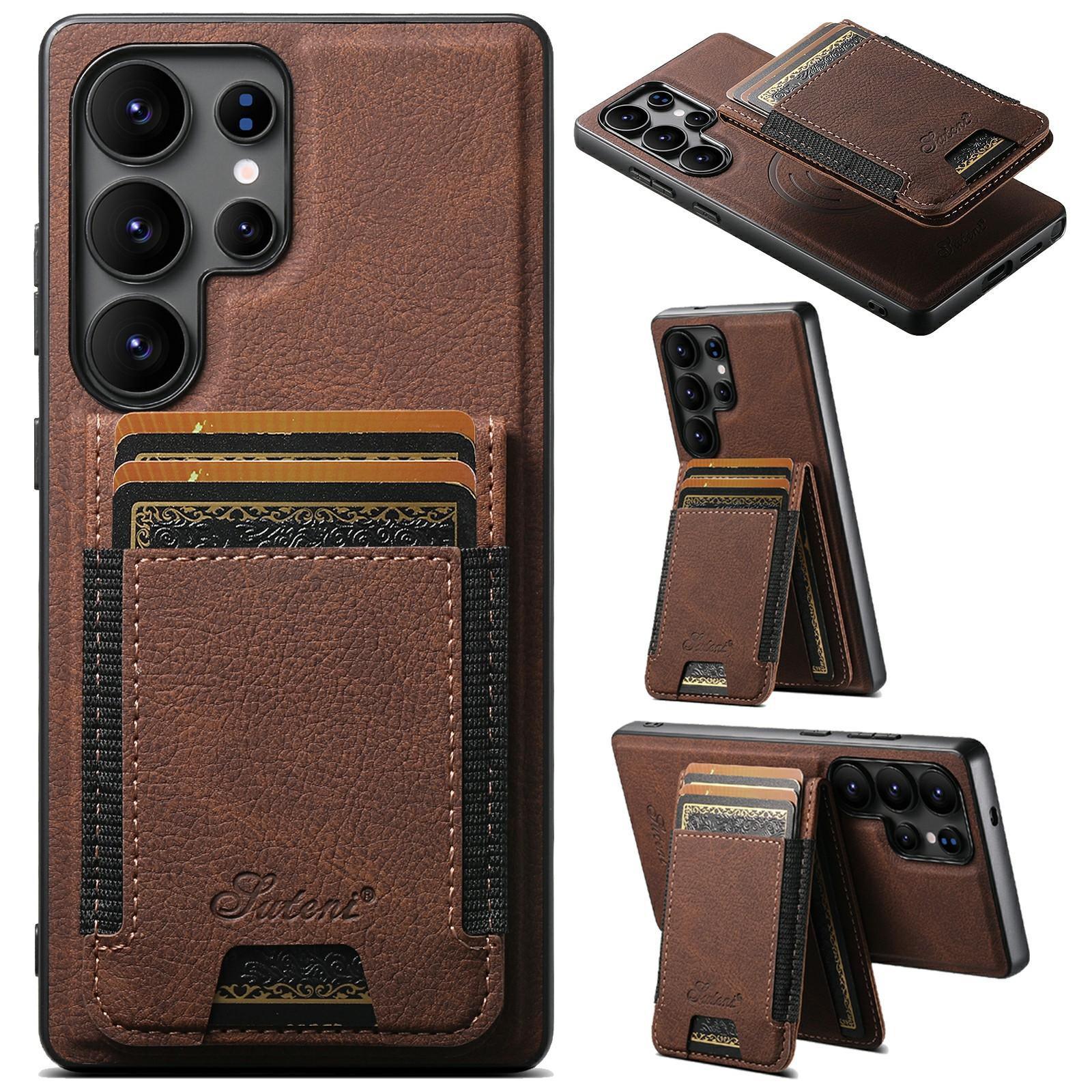 

SUTENI H17 For Samsung Galaxy S25 Ultra Magnetic Case Card Slots Leather+TPU Kickstand Phone Cover Brown