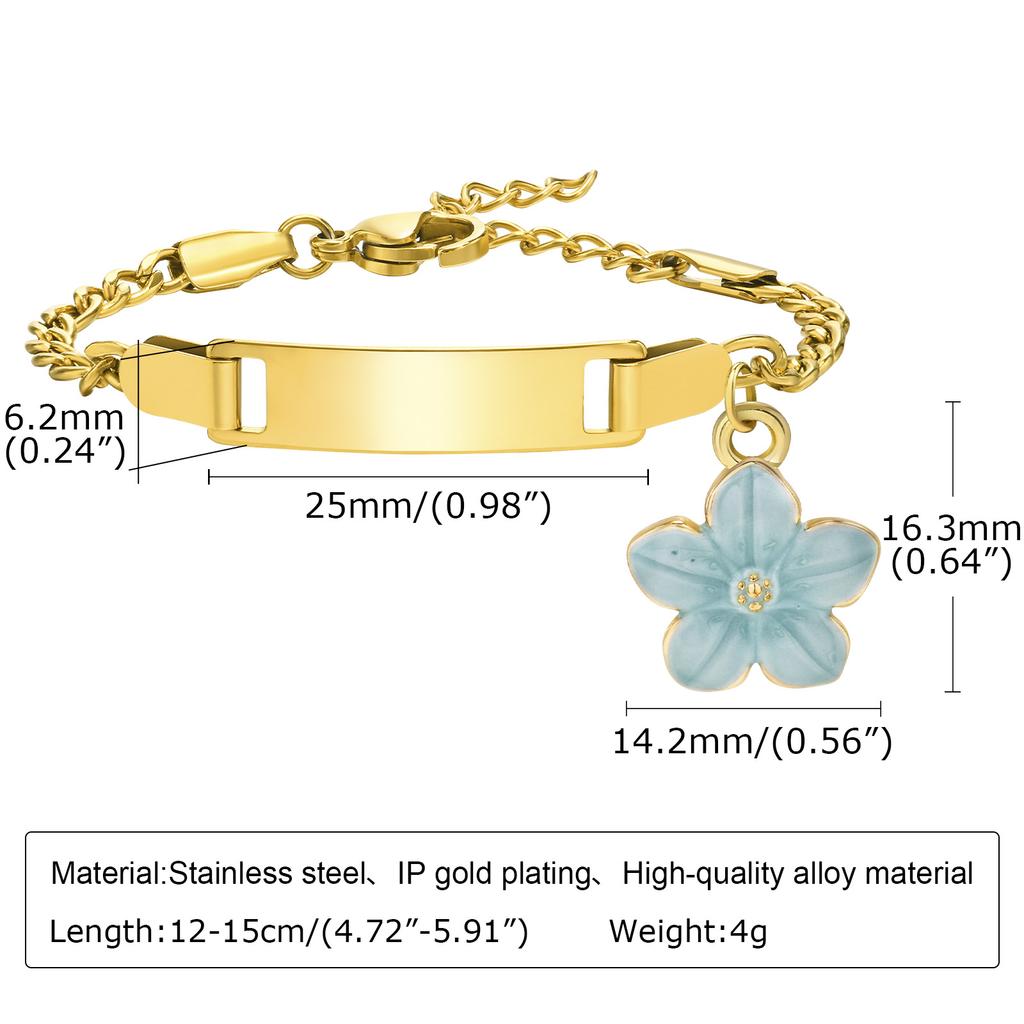 Personalized Engrave Name ID Bracelet for Kid Baby, Stainless Steel Flower Charm Bracelet, Waterproof Custom Jewelry for Girl