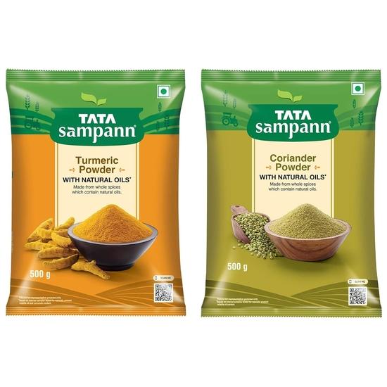 TATA Sampann Koriandrový prášek s přírodními oleji, 500 g a kurkumový prášek Tata Sampann s přírodními oleji, 500 g