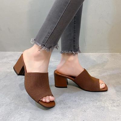 Women High Heels Knitting Casual Slippers Summer Triangle Thick Heel Sexy Square Toe Dress Party Shoes  Size 35-41