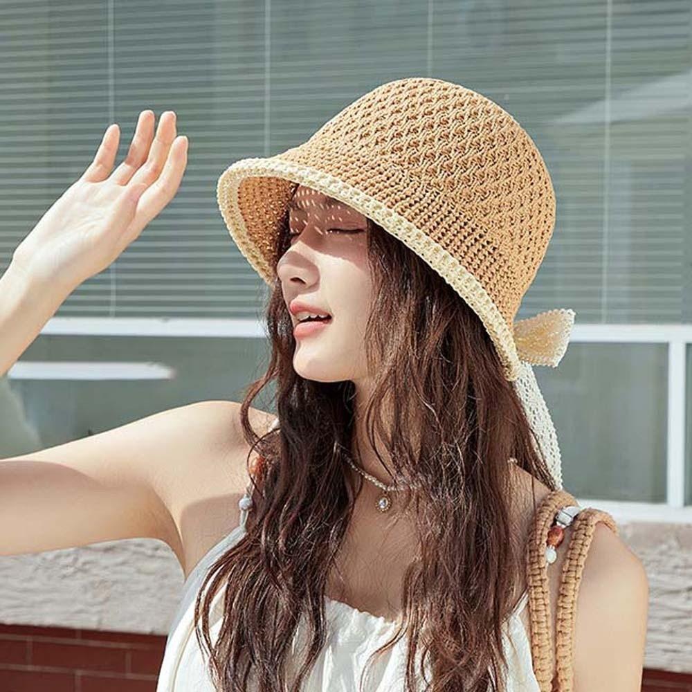 Hollow Out Sunshade Basin Cap Temperament Bow Fisherman Hat Knitted Bucket Hat  Travel