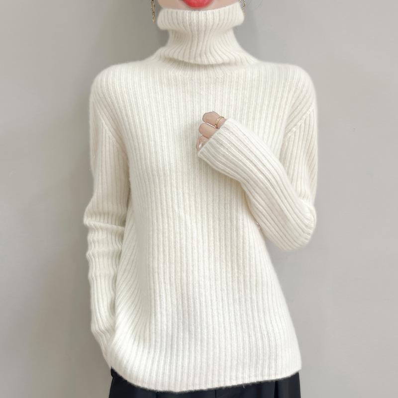 2025 Autumn/Winter High-Neck Pure Wool Ribbed Knitwear Loose Pullover Base Layer