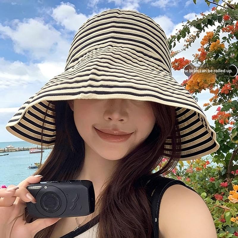 2026 Summer Versatile Foldable Color-Blocked Striped Wide-Brimmed Sun Hat For Beach Vacations And Sun Protection