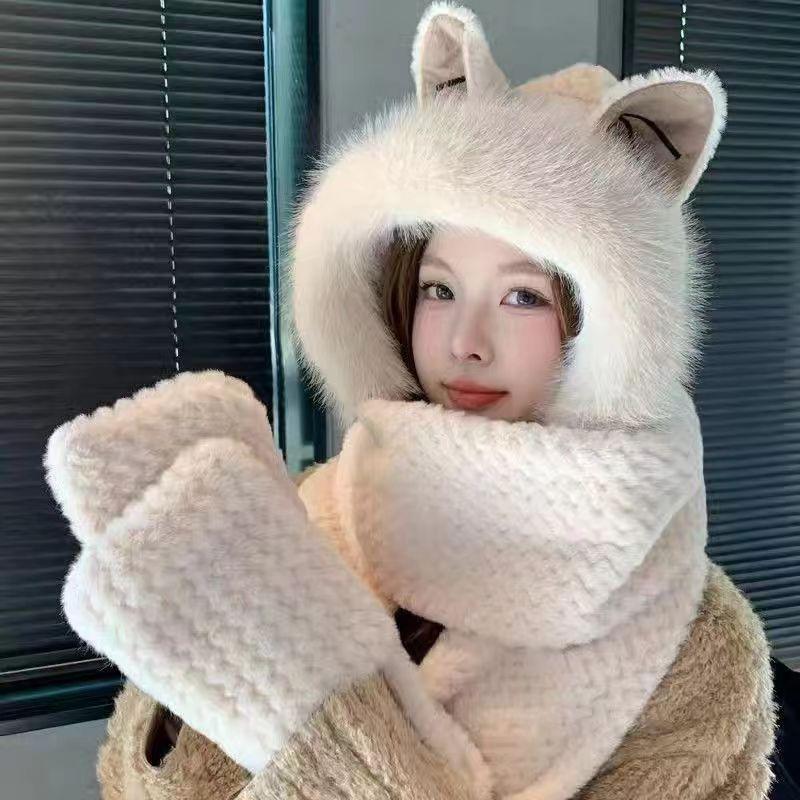 

Милая плюшевая шапка с лисьими ушками, шарф и варежки в комплекте, женская зимняя теплозащита и защита от холода, защита ушей, утолщенные варежки, набор из трех предметов one size fits all белый
