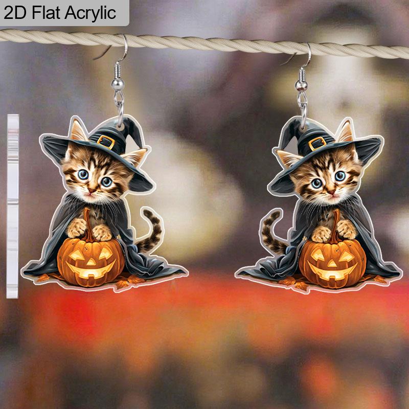 Black Cloak Cat Halloween Pumpkin Acrylic Earrings Women Fashion Dangle Earrings Halloween Earrings Cartoon Earrings Animal Earrings Halloween Gifts