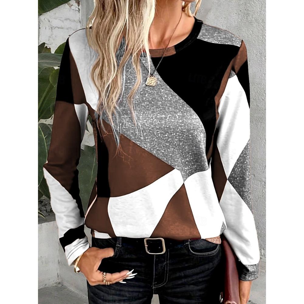 Women's T-shirt 3D Irregular Geometric Printing Fashion Long-sleeved Round Neck Regular Tops Holiday Weekend Spring and Autumn