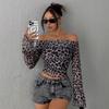 Fashion Spring and Autumn Women's Sexy Shoulder Long Sleeve T-Shirt Leopard Print Sexy Spice Top