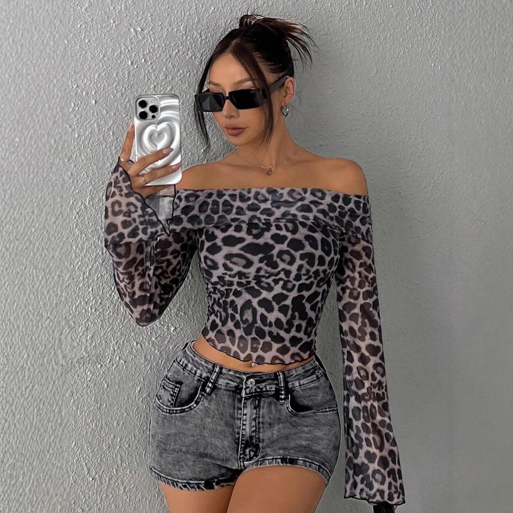 Fashion Spring and Autumn Women's Sexy Shoulder Long Sleeve T-Shirt Leopard Print Sexy Spice Top