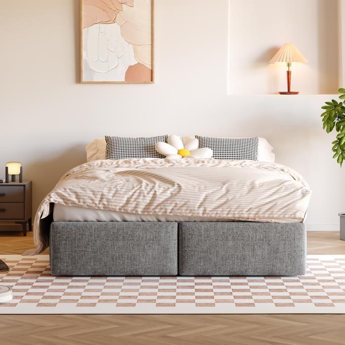 Upholstered Bed - MUVOE - 140x200cm - Hydraulic Support - 2 Drawers - Grey