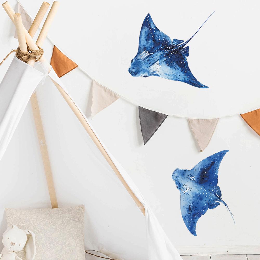 Cartoon Underwater Manta Ray Wall Sticker Self-Adhesive for Bedroom Bathroom Home Background Wall Decoration