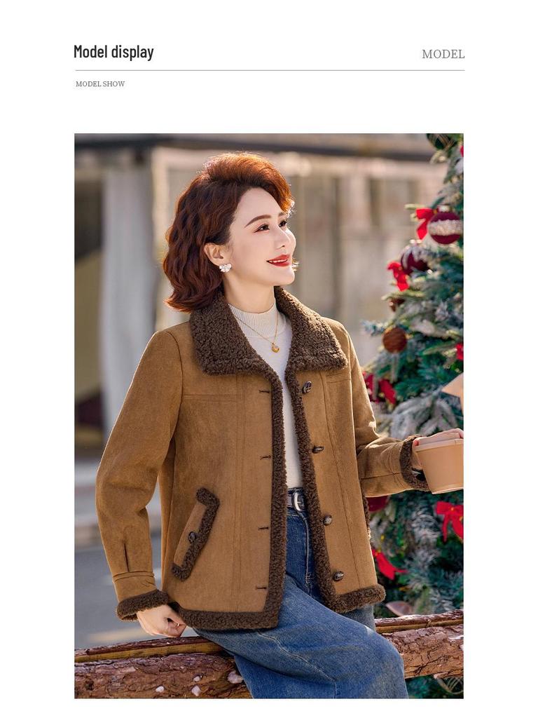 Petite Women's Lambswool Jacket for Mid-Aged & Elderly: Autumn/Winter Leather & Fur, Thick Plain Top
