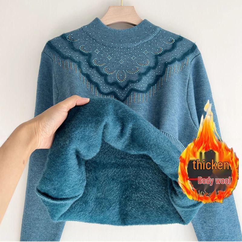 Dámský zimní svetr s polovičním vysokým límcem a silným fleecem - Módní volný střih